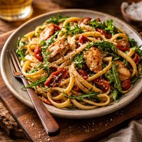 Linguini with Chicken Sun Dried Tomatoes and Arugula Ragu