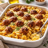 Macaroni and Cheese Casserole with Meatballs