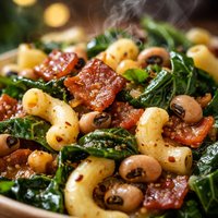 Macaroni with Greens Bacon and Black Eyed Peas