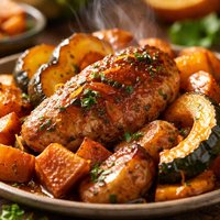 Maple Orange Chicken with Acorn Squash and Sweet Potatoes