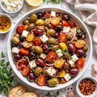 Marinated Greek Olives with Grape Tomatoes and Feta Cheese