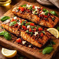 Marinated Grilled Salmon with Tomato Basil and Goat Cheese