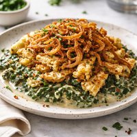 Matzo Brei with Creamed Spinach and Crispy Onions