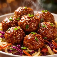 Meatballs in a Sweet N Spicy Asian Sauce with Warm Asian Slaw