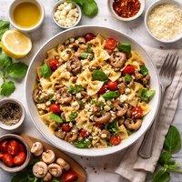 Meatless Bowtie Pasta with Mushrooms Feta Cheese