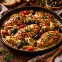 Mediterranean Champagne Chicken with Artichoke Hearts and Olives