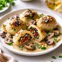 Mediterranean Stuffed Potato Dumplings with Mushroom Cream Sauce