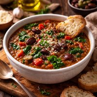 Mediterranean Tomato Lentil Soup with Spinach Kalamata