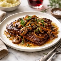 Minute Steak with Wine Mushrooms and Onion