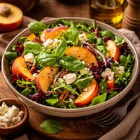 Mixed Green Salad with Fresh Peaches Basil and Chevre