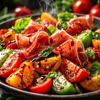 Mixed Tomato Salad with Prosciutto and Balsamic Dressing