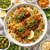 Moroccan Chicken with Apricot Couscous and Green Olive Sauce
