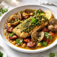 Moroccan Pesto Rockfish with Clam and Chorizo Sauce