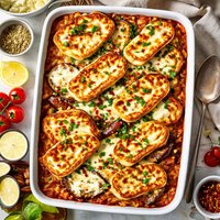 Moussaka with Halloumi and Ricotta Cheese Topping
