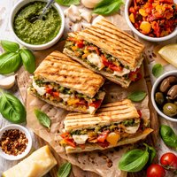 Mozzarella Basil Pesto and Peperonata Panini