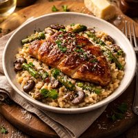 Mushroom Asparagus Risotto with Crisped Chicken