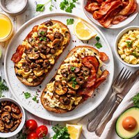 Mushroom Toast with Scrambled Eggs Bacon