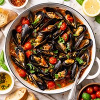 Mussels in Tomato Basil Wine Sauce