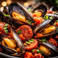 Mussels with Chorizo Tomato and Wine
