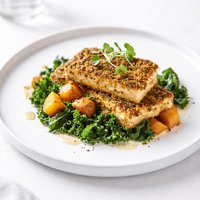 Mustard Crusted Tofu with Kale and Sweet Potato