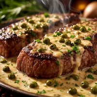 New York Steaks in Green Peppercorn Sauce