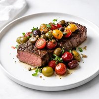 New York Strip Steak Lavished with Tomatoes and Olives