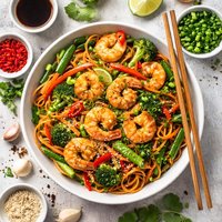 Noodles and Stir Fried Shrimp Medley