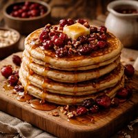 Oatmeal Pancakes with Maple Cranberry Syrup