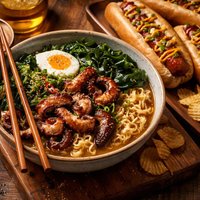 Octopus and Seaweed Ramen Noodles and Hot Dogs
