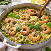 One Pan Pasta with Creamy Shrimp and Pesto Sauce