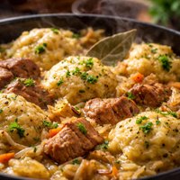 One Pot Sauerkrout Pork and Dumplings