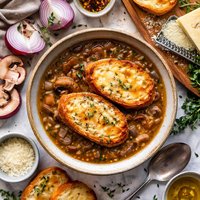 Onion Mushroom Soup with Cheese Croutes