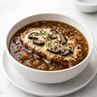 Onion Soup with Portabella Swiss Cheese Topping