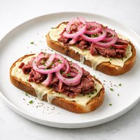 Open Face Corned Beef and Cheese Sandwiches with Pickled Onions