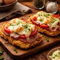 Open Faced Hash Browns with Ham Tomato and Swiss Cheese
