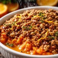 Orange Flavored Sweet Potatoes with Oatmeal Cookie Topping
