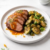 Orange Glazed Roast Buffalo with Garlic Roasted Brussels Sprouts