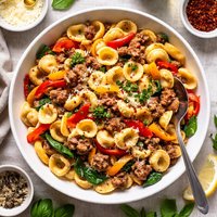 Orecchiette with Hot Sausage and Roasted Red Yellow Pepper