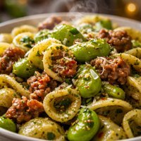 Orecchiette with Pesto Broad Beans and Italian Sausage