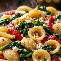 Orecchiette with Spinach Roasted Red Pepper and Feta