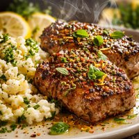Oregano Lamb Steaks with Lemon Olive Oil and Feta Cheese Mash