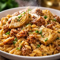 Orzo Risotto with Sausage and Artichokes