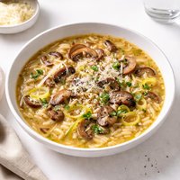 Orzo Soup with Mushrooms Parmigiano Cheese and Leeks