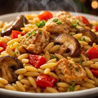 Orzo with Chicken Red Pepper and Shiitakes