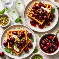 Ouzo Poached Cherries with Waffles