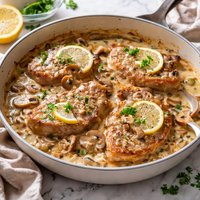 Oven Baked Pork Chops in Lemony Mushroom Gravy