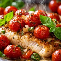 Oven Roasted Cherry Tomatoes with Basil and Whitefish