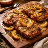 Pan Fried Pork Chops with Glazed Apples Cider and Cream Sauce