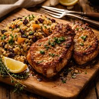 Pan Fried Pork Chops with Quinoa Pilaf and Dried Fruit