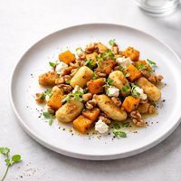 Pan Fried Potato Gnocchi with Squash Goat Cheese Walnuts